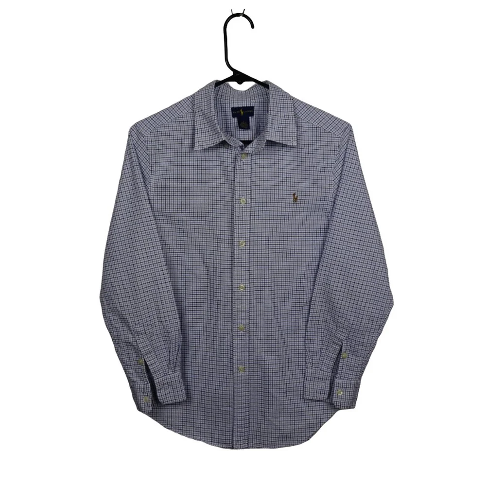 💰3/$25 Ralph Lauren Boy's Button Down Shirt Blue Plaid Oxford PONY Logo L
